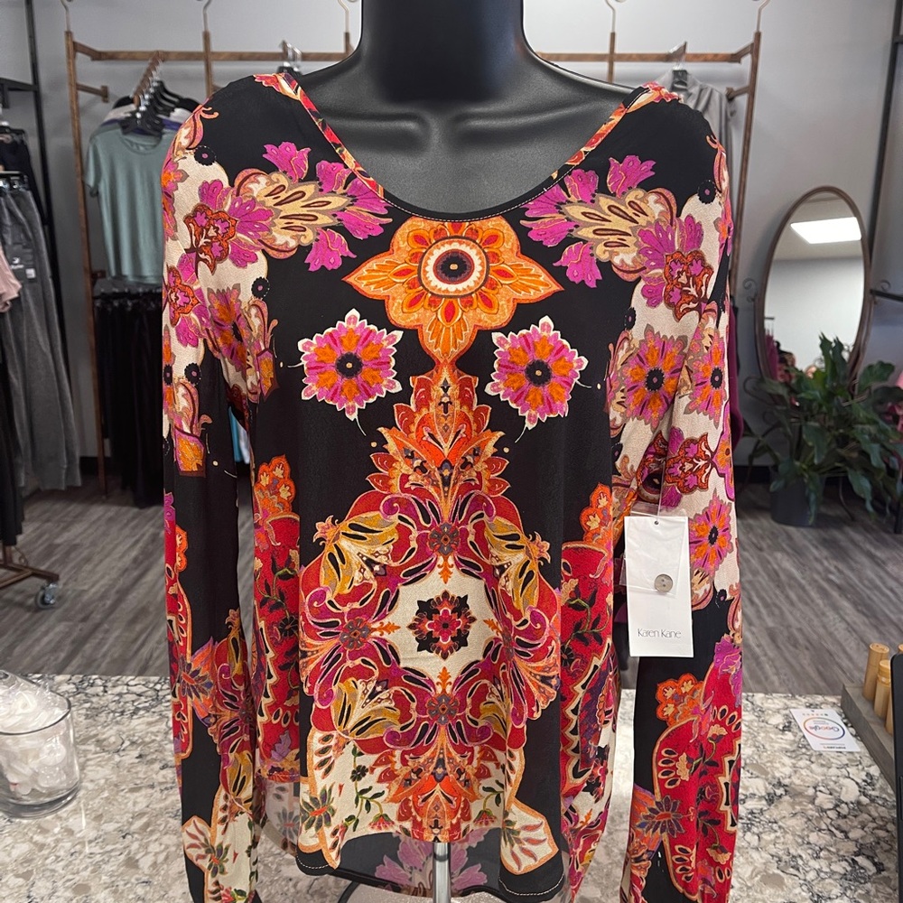 Karen Kane Women's Vibrant Floral Long Sleeve Top - Black, Pink, Orange